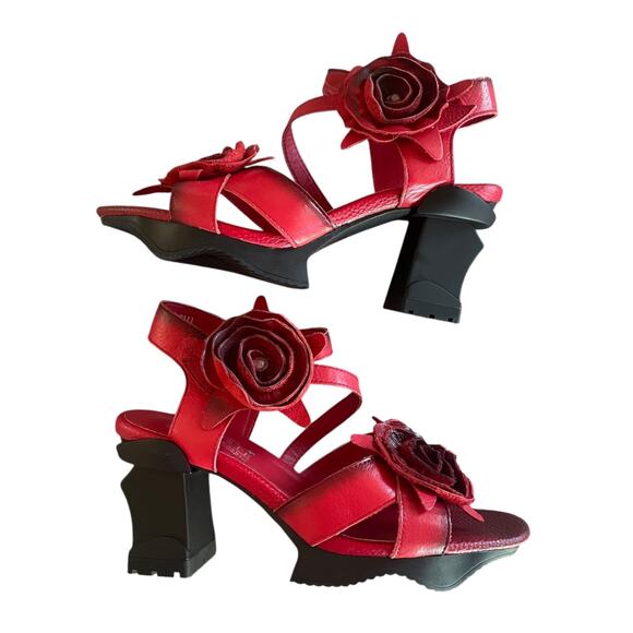 L'ARTISTE Shelly Size 40/US 9 Red Leather Flower Ankle Strap Heeled Sandals Shoe - Picture 1 of 11